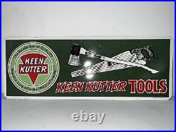 Vintage 1980's Keen Kutter TOOLS Metal Embossed Sign With Axe And Hand Saw