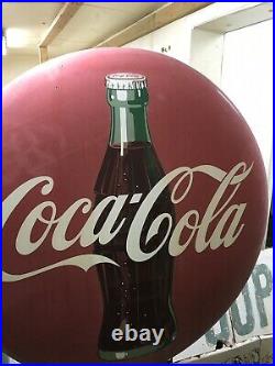 Vintage 48 1950s Coca-Cola Button Sign With Coke Bottle & Mounting Brackets
