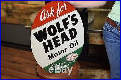 Vintage 50's Wolfs Head Oil Advertising Sign Flange Gas Station Original CLEAN