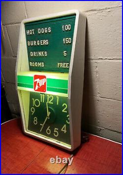 Vintage 7 -Up Light Up Advertising Sign Clock / Menu Board