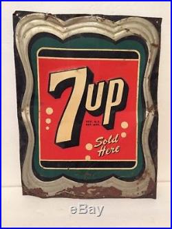 Vintage 7Up 7 Up Sold Here Soda Pop Gas Station 17.75 Embossed Metal Sign