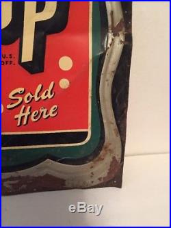 Vintage 7Up 7 Up Sold Here Soda Pop Gas Station 17.75 Embossed Metal Sign