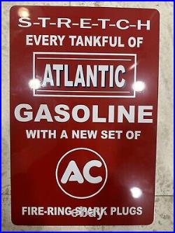 Vintage AC Spark Plug Atlantic Gasoline Tin Sign Original Rare 12x18 New Old NOS