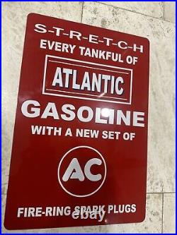 Vintage AC Spark Plug Atlantic Gasoline Tin Sign Original Rare 12x18 New Old NOS