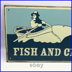Vintage AHOY! Fish and Chips Fisherman Boat 1950 Advertising Sign 15.25 x 8.75