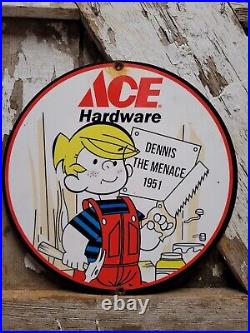 Vintage Ace Hardware Porcelain Sign 1951 Supply Tool Cartoon Boy Old Advertising