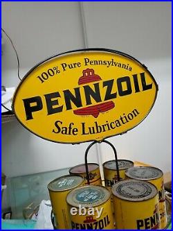 Vintage Advertising Pennzoil Metal GAS Oil Can Display Rack 2-SIDED with oil can