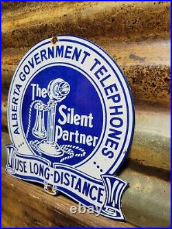 Vintage Alberta Government Telephone Porcelain Sign Old Diecut Silent Partner