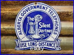 Vintage Alberta Government Telephone Porcelain Sign Old Diecut Silent Partner