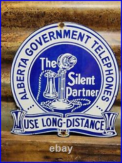 Vintage Alberta Government Telephone Porcelain Sign Old Diecut Silent Partner