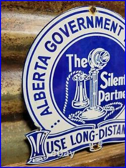 Vintage Alberta Government Telephone Porcelain Sign Old Diecut Silent Partner