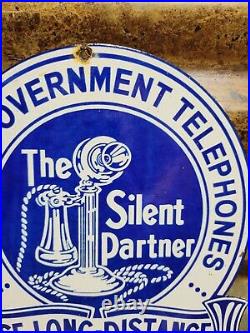 Vintage Alberta Government Telephone Porcelain Sign Old Diecut Silent Partner