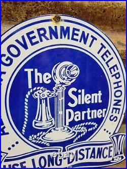 Vintage Alberta Government Telephone Porcelain Sign Old Diecut Silent Partner