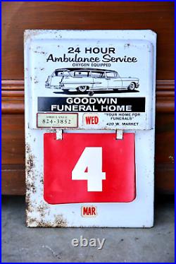 Vintage Ambulance Service Funeral Home Metal Sign Calendar Car Advertising RARE