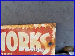 Vintage Atomic Fireworks Porcelain Sign Gas Station Oil Service Toy Party USA