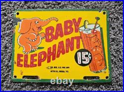 Vintage Baby Elephant Drink 15 Cents Porcelain Soda Sign, Rare Find, Odessa, Tx