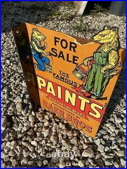 Vintage Baer Bros Paint Porcelain Flange Sign NY Bear Famous Old Gas Oil DEALER