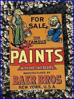 Vintage Baer Bros Paint Porcelain Flange Sign NY Bear Famous Old Gas Oil DEALER