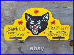 Vintage Black Cat Fireworks Porcelain Sign Old Plate Tag Topper Tennessee Gas