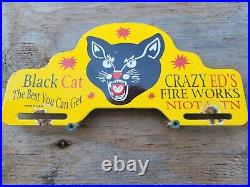 Vintage Black Cat Fireworks Porcelain Sign Old Plate Tag Topper Tennessee Gas