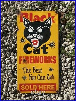 Vintage Black Cat Porcelain Sign Fireworks Gas Oil FIRE SOLD HERE Hunting 16