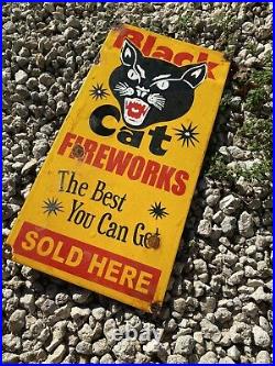 Vintage Black Cat Porcelain Sign Fireworks Gas Oil FIRE SOLD HERE Hunting 16