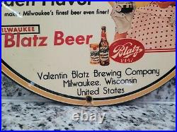 Vintage Blatz Porcelain Beer Sign Milwaukee Grain Bar Gas Restaurant Pub Metal
