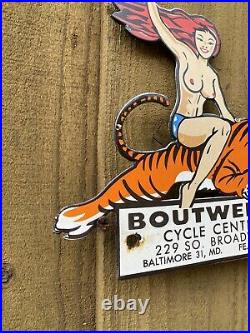 Vintage Boutwell Motorcycle Porcelain Triumph Dealer Engine Gas Oil Tiger Sign