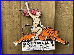 Vintage Boutwell Motorcycle Porcelain Triumph Dealer Engine Gas Oil Tiger Sign