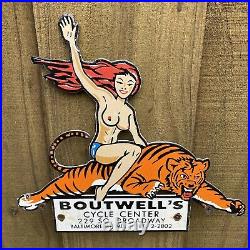 Vintage Boutwell's Motorcycle Porcelain Sign Pin-up Girl Gas Harley Petroliana