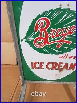 Vintage Breyers ICE CREAM Dairy Double Sided Sidewalk Curb Sign Porcelain Enamel