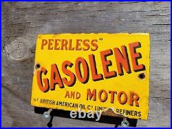 Vintage British American Porcelain Sign Peerless Gasolene Gas & Oil Advertising