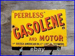 Vintage British American Porcelain Sign Peerless Gasolene Gas & Oil Advertising