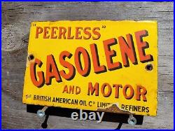 Vintage British American Porcelain Sign Peerless Gasolene Gas & Oil Advertising