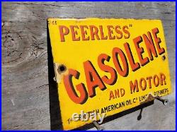 Vintage British American Porcelain Sign Peerless Gasolene Gas & Oil Advertising