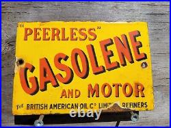 Vintage British American Porcelain Sign Peerless Gasolene Gas & Oil Advertising