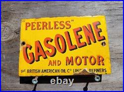 Vintage British American Porcelain Sign Peerless Gasolene Gas & Oil Advertising