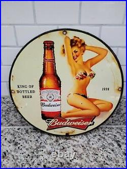 Vintage Budweiser Porcelain Sign Bottled Beer Bar Beverage Advertising Gas Oil