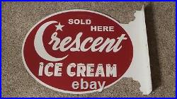 Vintage CRESCENT ICE CREAM SOLD HERE FLANGE SIGN Rare Old Advertising Sign