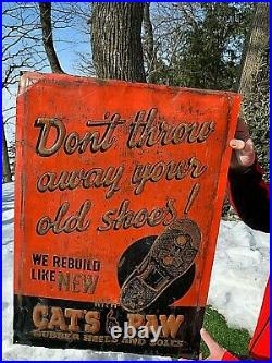 Vintage Cats Paw Clothing Shoe Repair Metal Sign With Black Cat Graphic