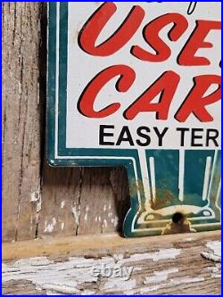 Vintage Certified Used Cars Porcelain Sign Gas Oil Sales Service Dealership Man