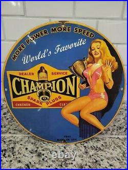Vintage Champion Porcelain Sign Spark Plugs Auto Parts Oil Gas Station Service
