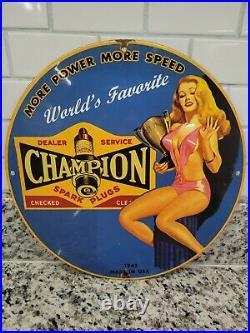 Vintage Champion Porcelain Sign Spark Plugs Auto Parts Oil Gas Station Service