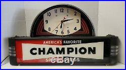 Vintage Champion Spark Plugs Lighted Sign With Clock Neon Products Inc. Works