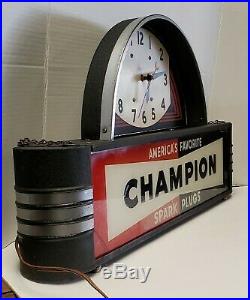 Vintage Champion Spark Plugs Lighted Sign With Clock Neon Products Inc. Works