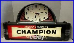 Vintage Champion Spark Plugs Lighted Sign With Clock Neon Products Inc. Works