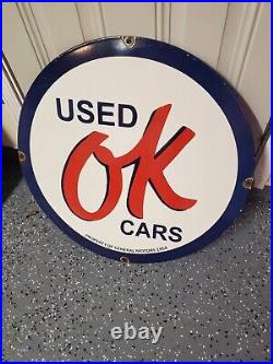 Vintage Chevy Chevrolet OK Used Cars Sign Metal Porcelain 30 Inch Gas Oil