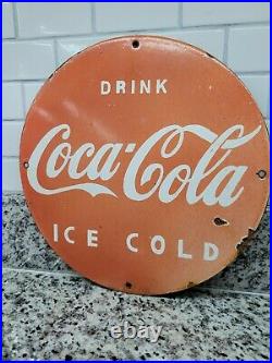 Vintage Coke Porcelain Sign Gas Coca Cola Oil Beverage Rodeo Ice Cold Soda Bottl