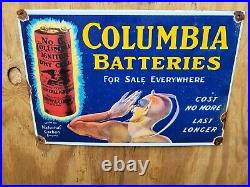 Vintage Columbia Battery Porcelain Sign National Carbon Power Dealer Dry Cell