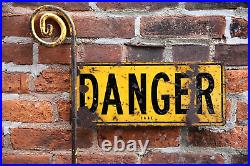 Vintage Danger Sign railroad keep out metal fence advertising sign on pole